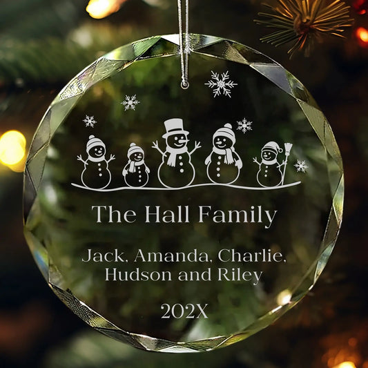Snowman Family of 5 Glass Personalized Ornament