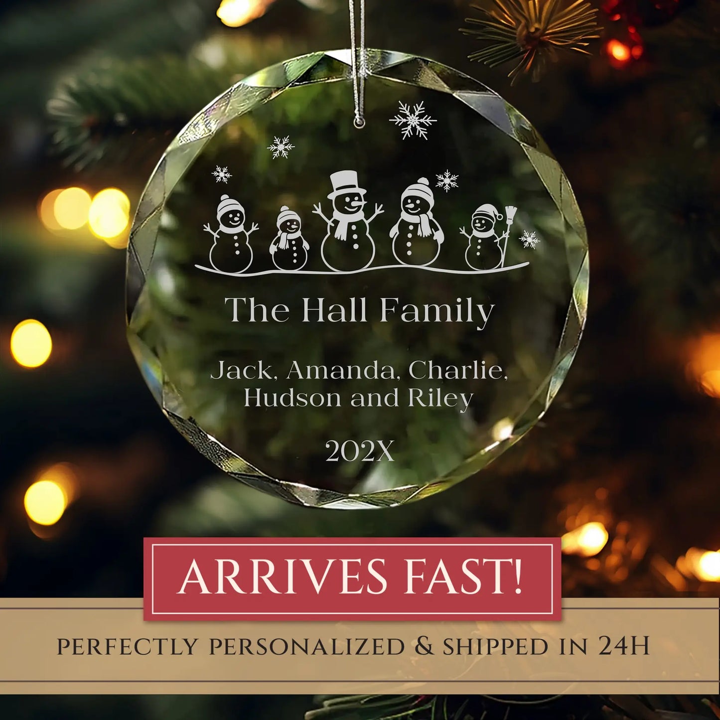 Snowman Family of 5 Glass Personalized Ornament