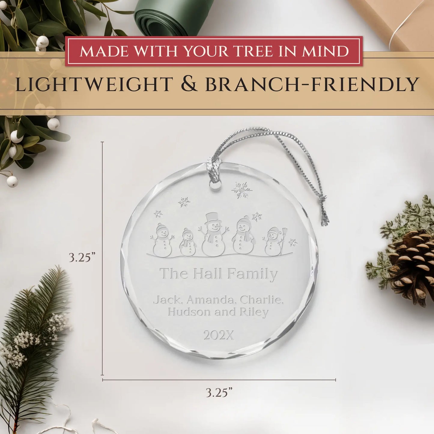 Snowman Family of 5 Glass Personalized Ornament