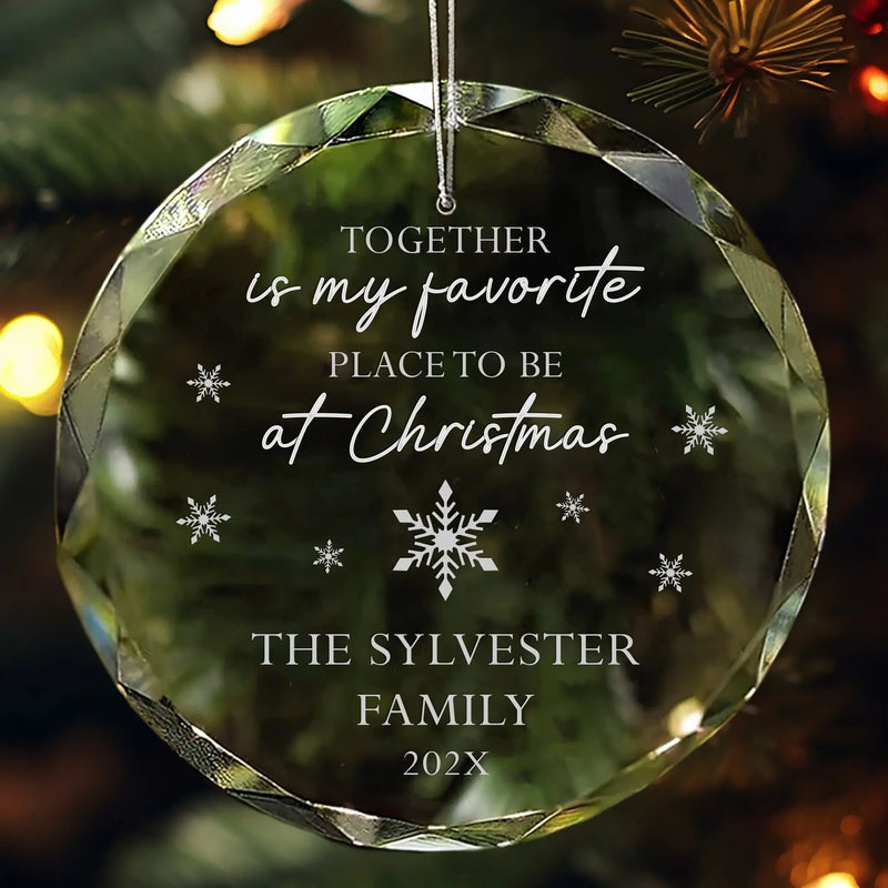 Personalized family Christmas quote glass ornament engraved Together is my favorite place to be at Christmas, dark background