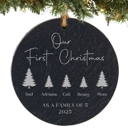 Slate ornament engraved with “Our First Christmas,” five tree icons with names, and “As a Family of 5” with the year.