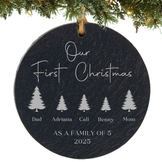 Slate ornament engraved with “Our First Christmas,” five tree icons with names, and “As a Family of 5” with the year.