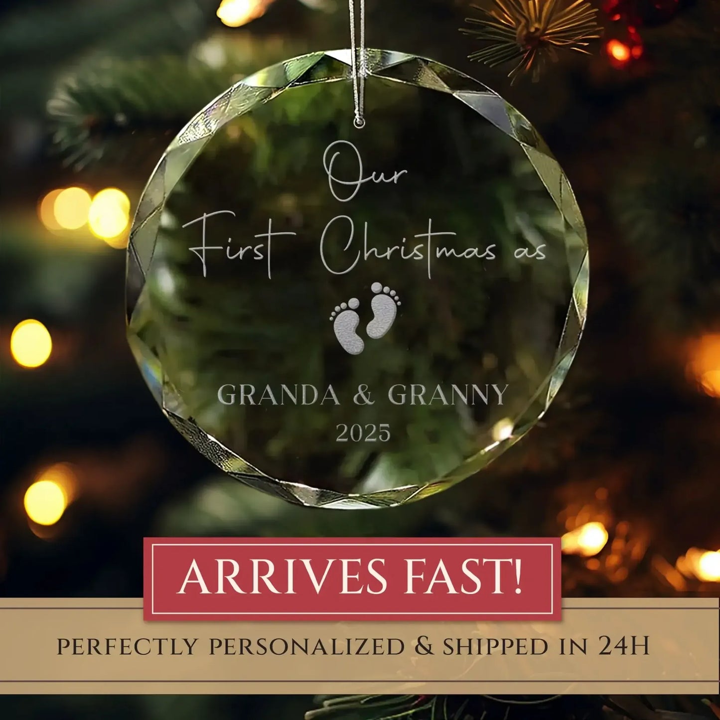 Our First Christmas as Grandparents Personalized Glass Ornament – 2025