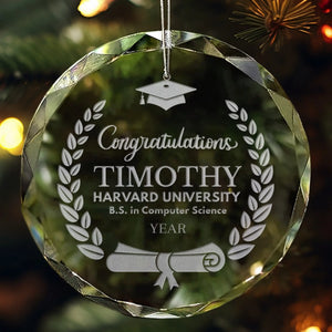 Personalized graduation glass ornament with laurel wreath, cap and diploma, laser engraved with name and year