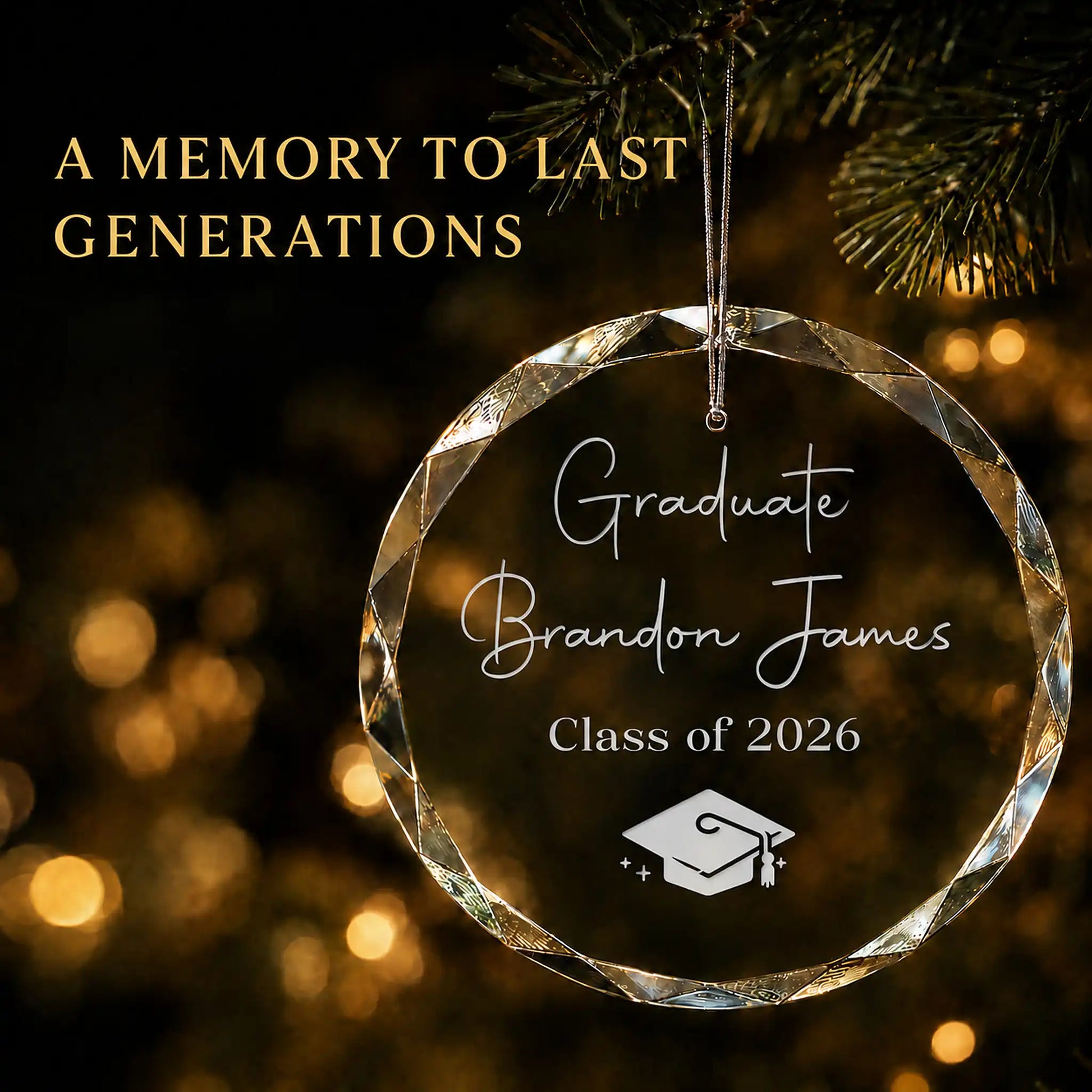 Graduate personalized graduation Christmas ornament in K9 optical glass hanging on a lit tree, engraved with name and class year