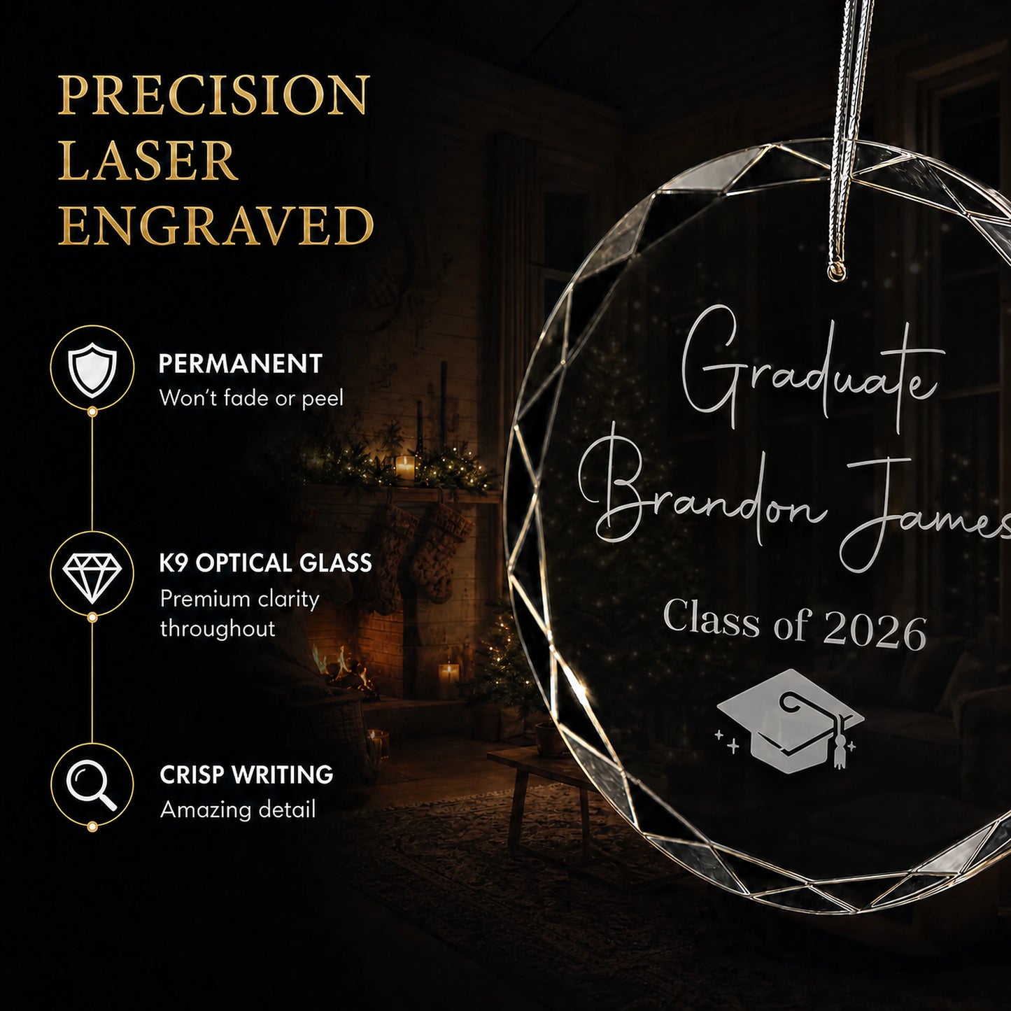 Close up of precision laser engraving on the Graduate custom glass ornament, permanent lettering that will not fade or peel