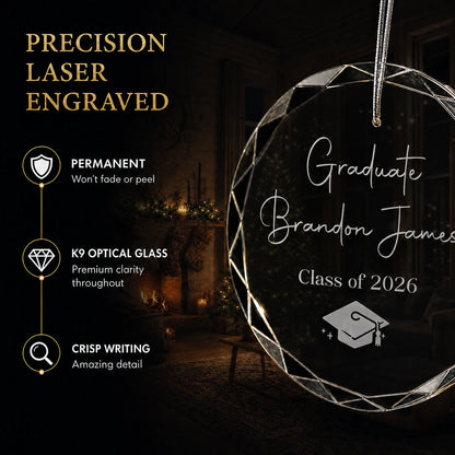 Close up of precision laser engraving on the Graduate custom glass ornament, permanent lettering that will not fade or peel