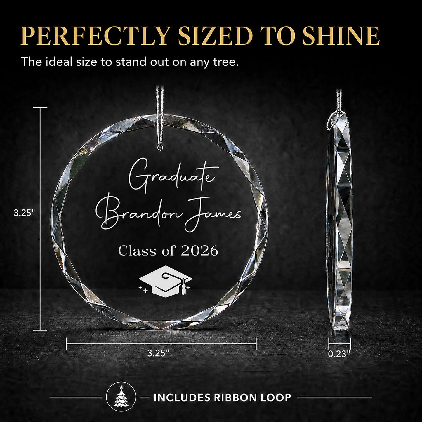 Size guide for the Graduate personalized glass ornament, 3.25 inches tall by 3.25 inches wide and 0.23 inches thick