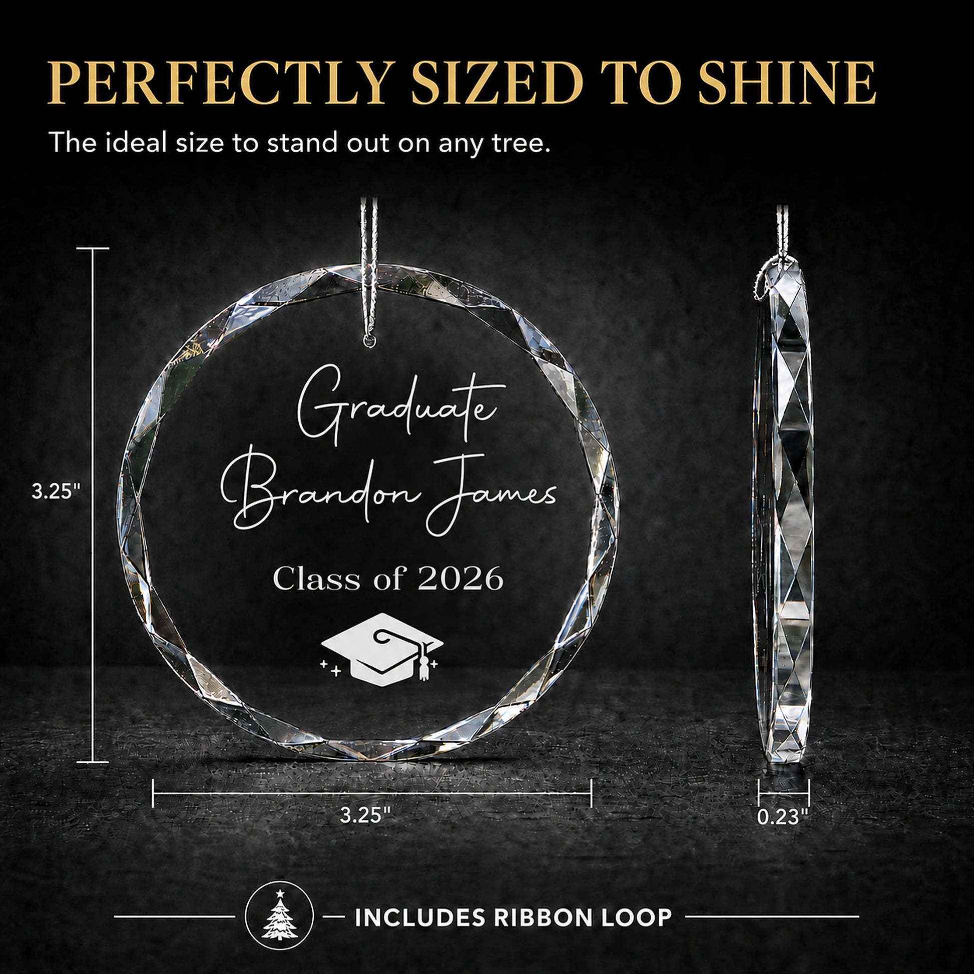 Size guide for the Graduate personalized glass ornament, 3.25 inches tall by 3.25 inches wide and 0.23 inches thick