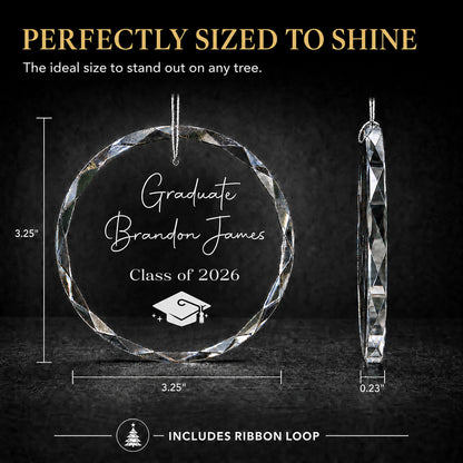 Size guide for the Graduate personalized glass ornament, 3.25 inches tall by 3.25 inches wide and 0.23 inches thick