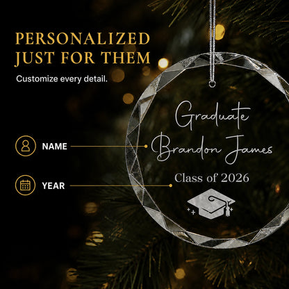 Personalization options on the Graduate glass ornament, custom name and class year laser engraved beneath the Graduate script and graduation cap design