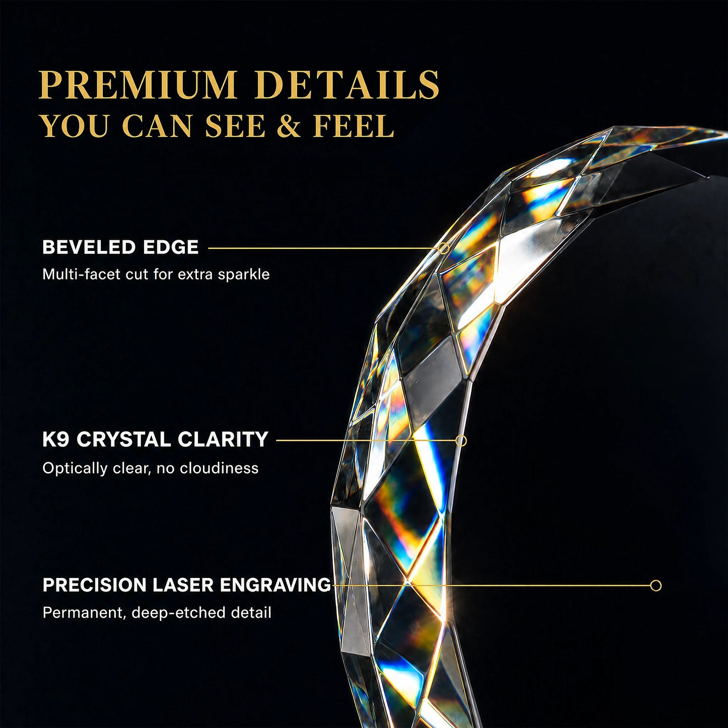 Beveled multi facet edge of the K9 optical glass graduation ornament, optically clear with deep etched permanent laser engraving