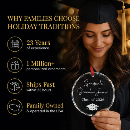 Graduate in cap and gown holding her personalized Graduate glass ornament, Holiday Traditions is family owned in the USA and ships within 23 hours