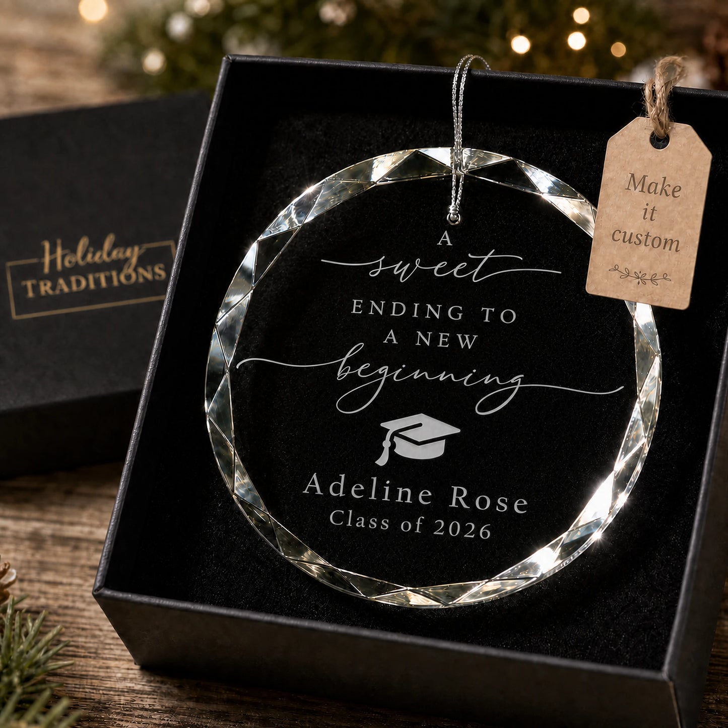 New Beginning graduation personalized glass ornament, laser engraved with A sweet ending to a new beginning, a graduation cap, name and class year, shown in its black gift box