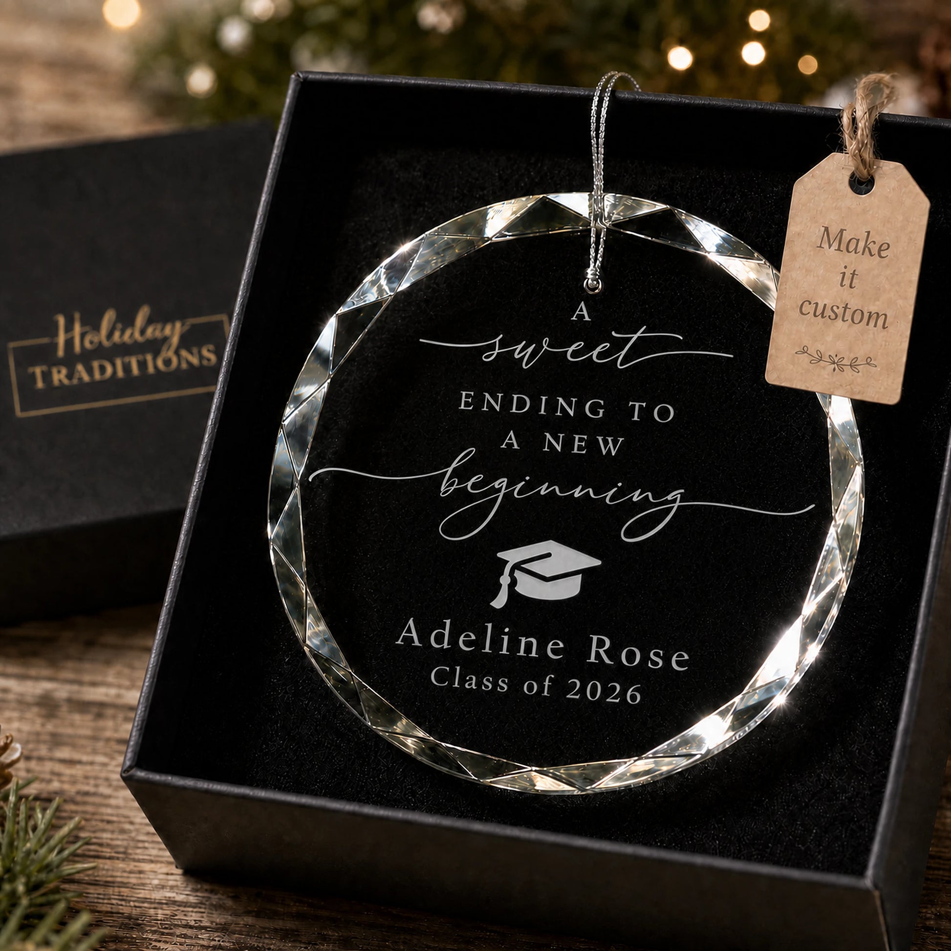 New Beginning graduation personalized glass ornament, laser engraved with A sweet ending to a new beginning, a graduation cap, name and class year, shown in its black gift box