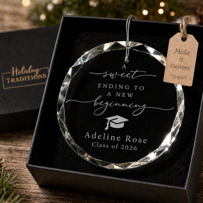 New Beginning graduation personalized glass ornament, laser engraved with A sweet ending to a new beginning, a graduation cap, name and class year, shown in its black gift box