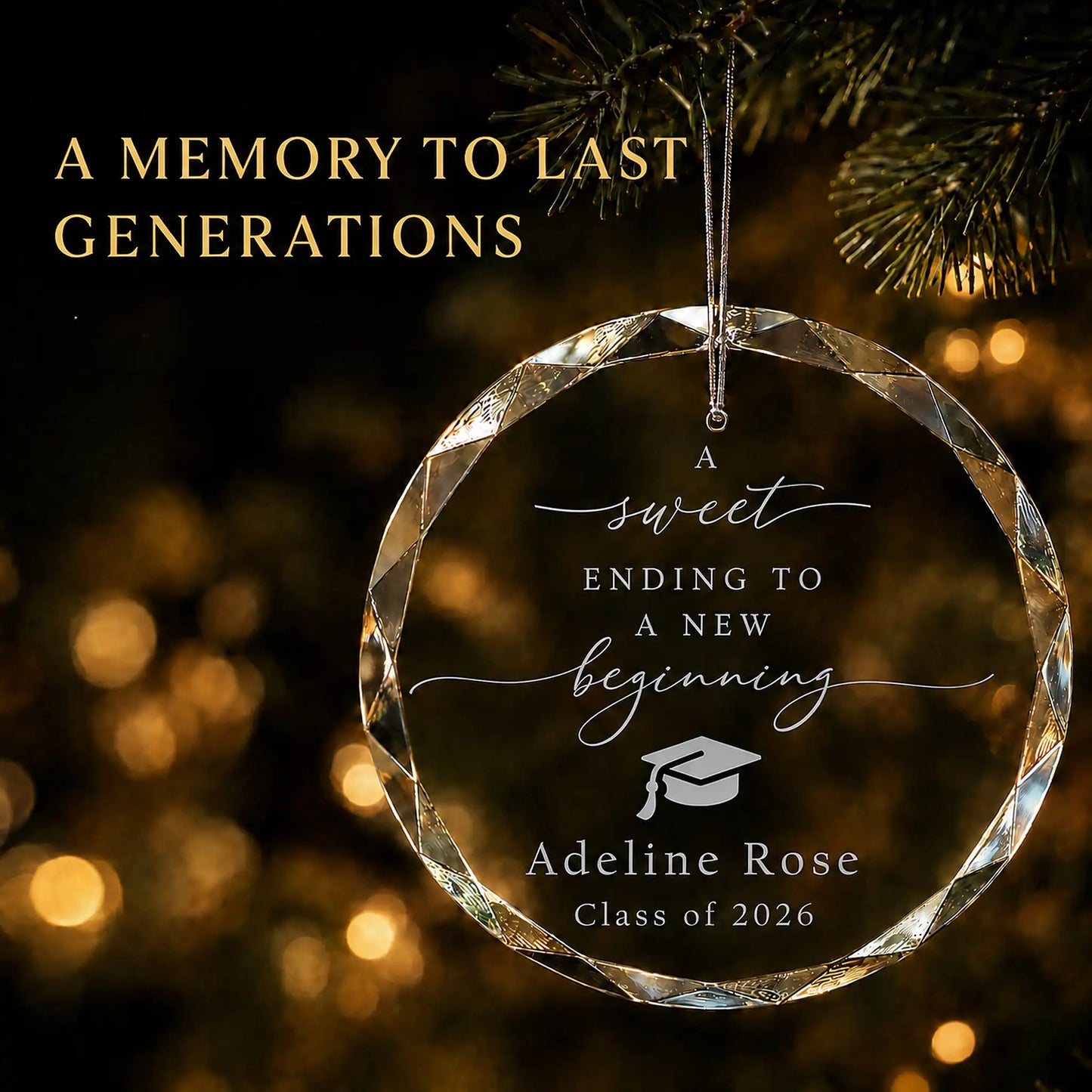New Beginning personalized graduation Christmas ornament in K9 optical glass hanging on a lit tree, engraved with the graduate's name and class year