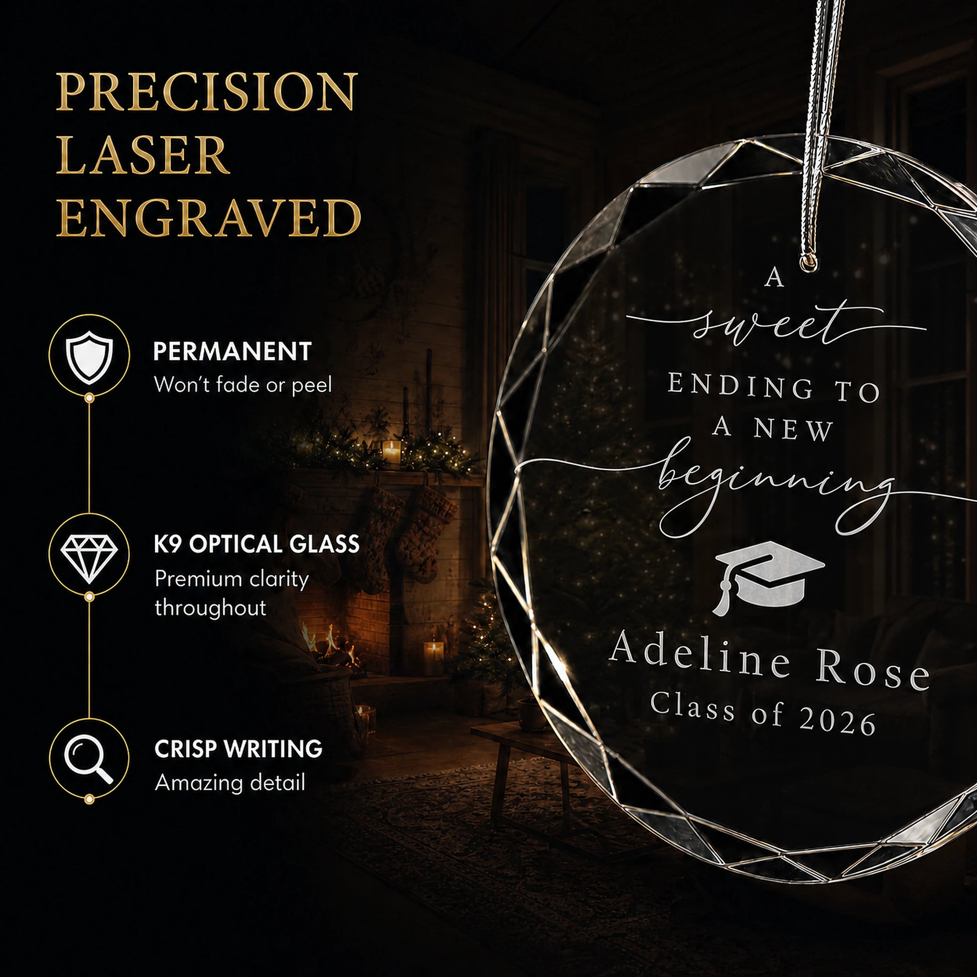 Close up of precision laser engraving on the New Beginning custom graduation glass ornament, permanent lettering that will not fade or peel