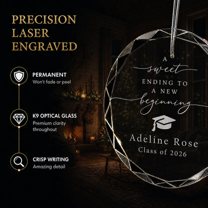 Close up of precision laser engraving on the New Beginning custom graduation glass ornament, permanent lettering that will not fade or peel