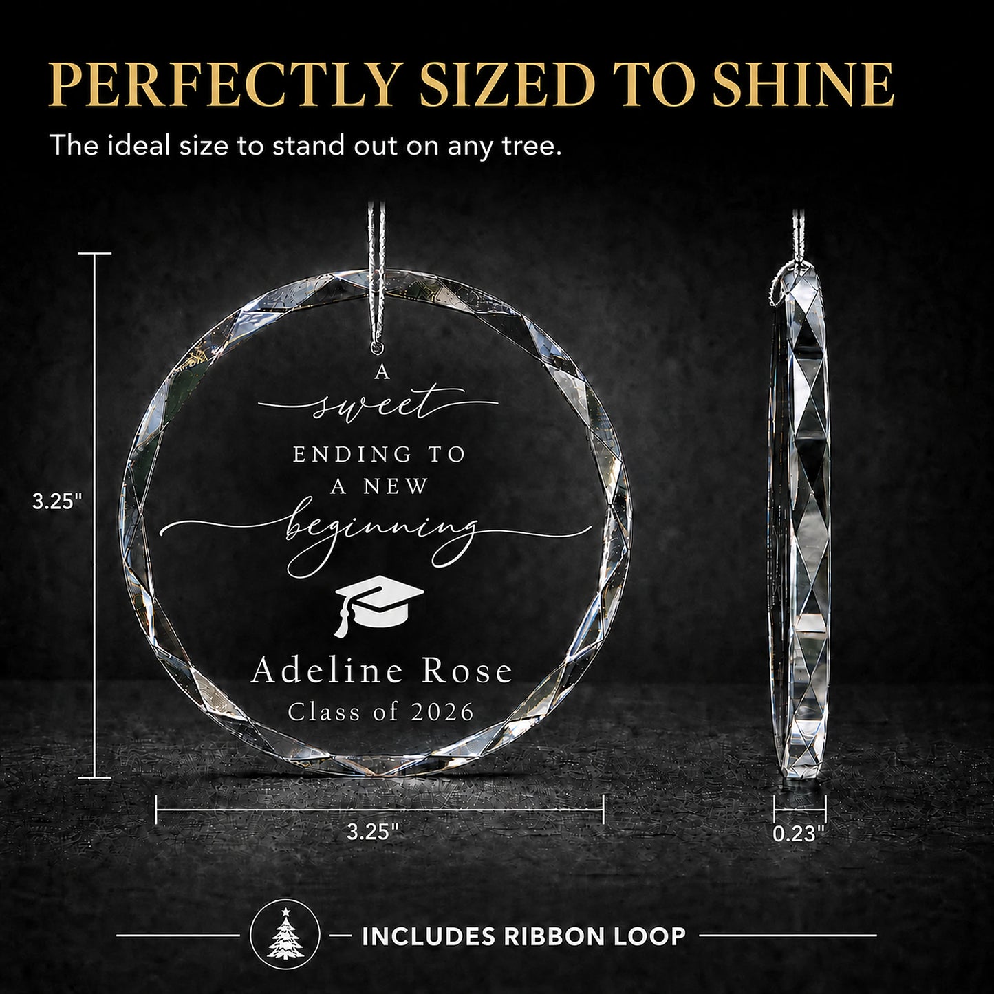 Size guide for the New Beginning personalized graduation glass ornament, 3.25 inches tall by 3.25 inches wide and 0.23 inches thick