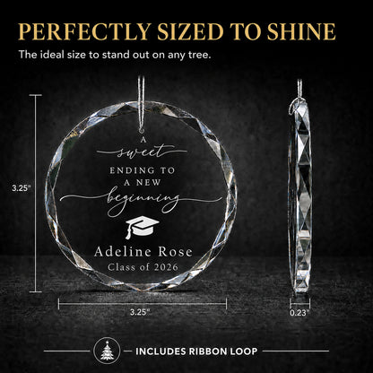 Size guide for the New Beginning personalized graduation glass ornament, 3.25 inches tall by 3.25 inches wide and 0.23 inches thick
