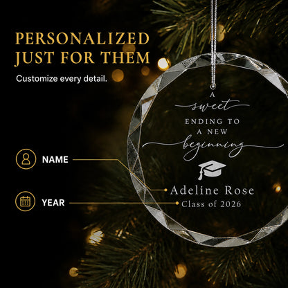 Personalization options on the New Beginning graduation glass ornament, custom name and class year laser engraved beneath the sweet ending to a new beginning script and graduation cap
