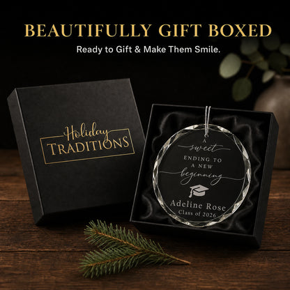 New Beginning personalized graduation glass ornament arrives in a black Holiday Traditions gift box, ready to give