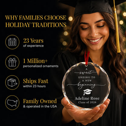 Graduate in cap and gown holding her New Beginning personalized glass ornament, Holiday Traditions is family owned in the USA and ships within 23 hours