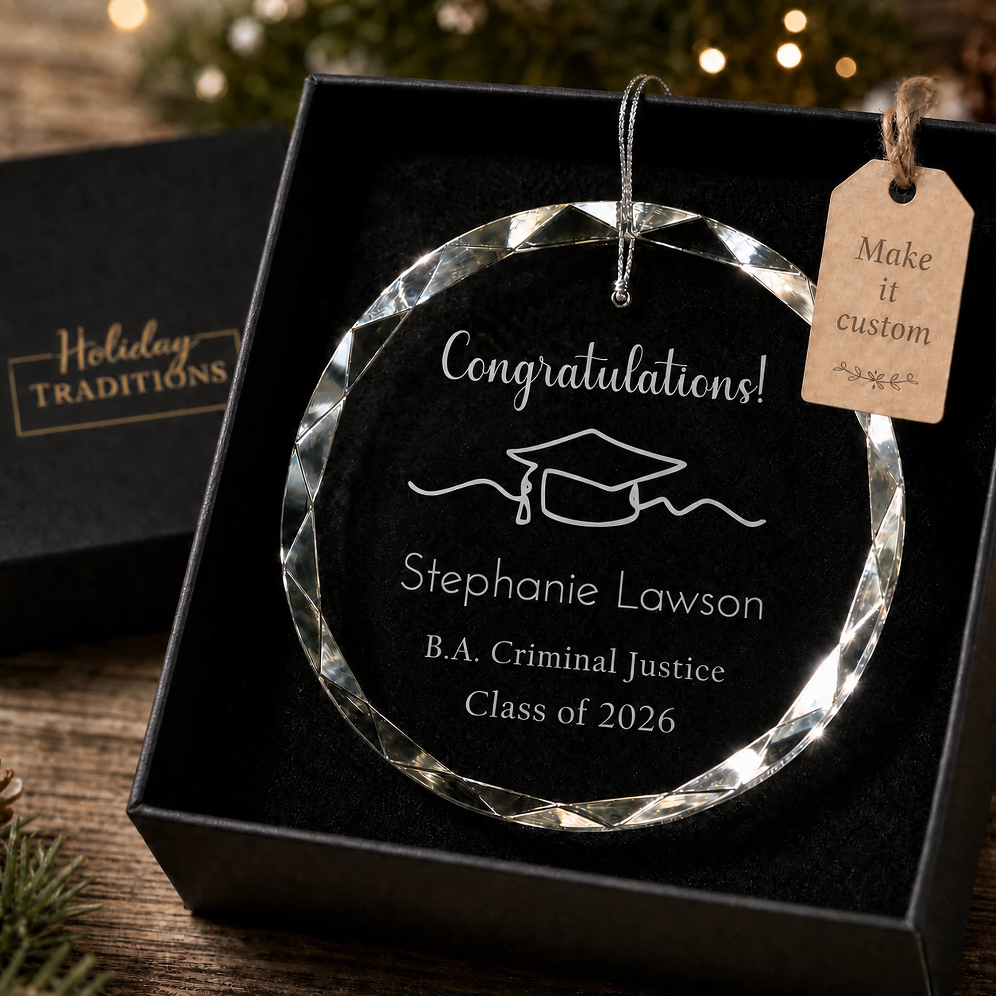 Congratulations graduation personalized glass ornament, laser engraved with Congratulations, a graduation cap, name, degree and class year, shown in its black gift box