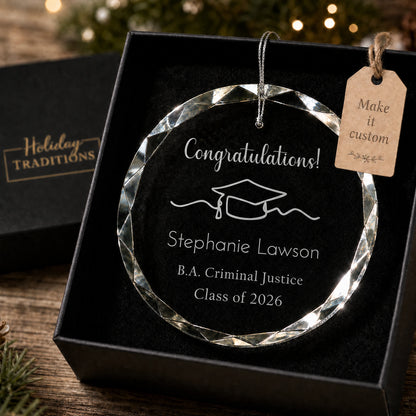 Congratulations graduation personalized glass ornament, laser engraved with Congratulations, a graduation cap, name, degree and class year, shown in its black gift box