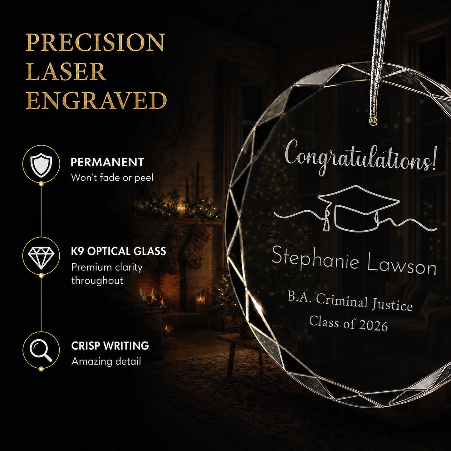 Close up of precision laser engraving on the Congratulations custom graduation glass ornament, permanent lettering that will not fade or peel