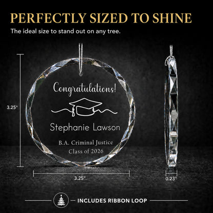 Size guide for the Congratulations personalized graduation glass ornament, 3.25 inches tall by 3.25 inches wide and 0.23 inches thick