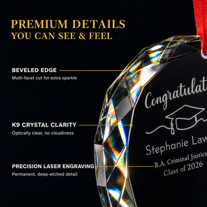 Beveled multi facet edge of the K9 optical glass graduation ornament, optically clear with deep etched permanent laser engraving