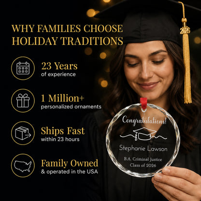 Graduate in cap and gown holding her Congratulations personalized glass ornament, Holiday Traditions is family owned in the USA and ships within 23 hours