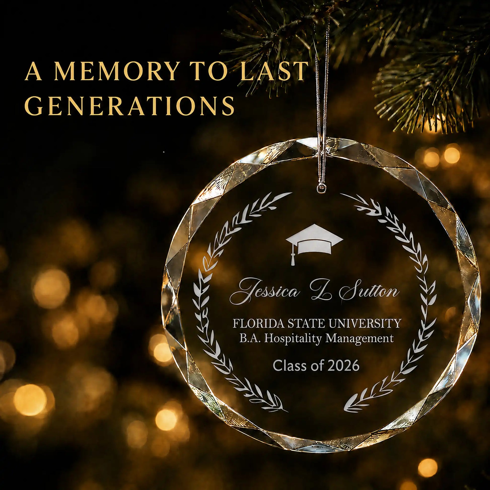 Laurel wreath personalized graduation Christmas ornament in K9 optical glass hanging on a lit tree, engraved with the graduate's name, school, degree and class year