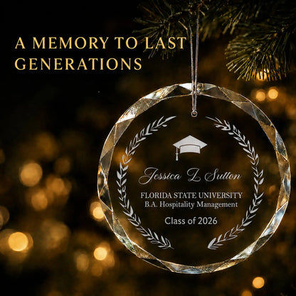 Laurel wreath personalized graduation Christmas ornament in K9 optical glass hanging on a lit tree, engraved with the graduate's name, school, degree and class year