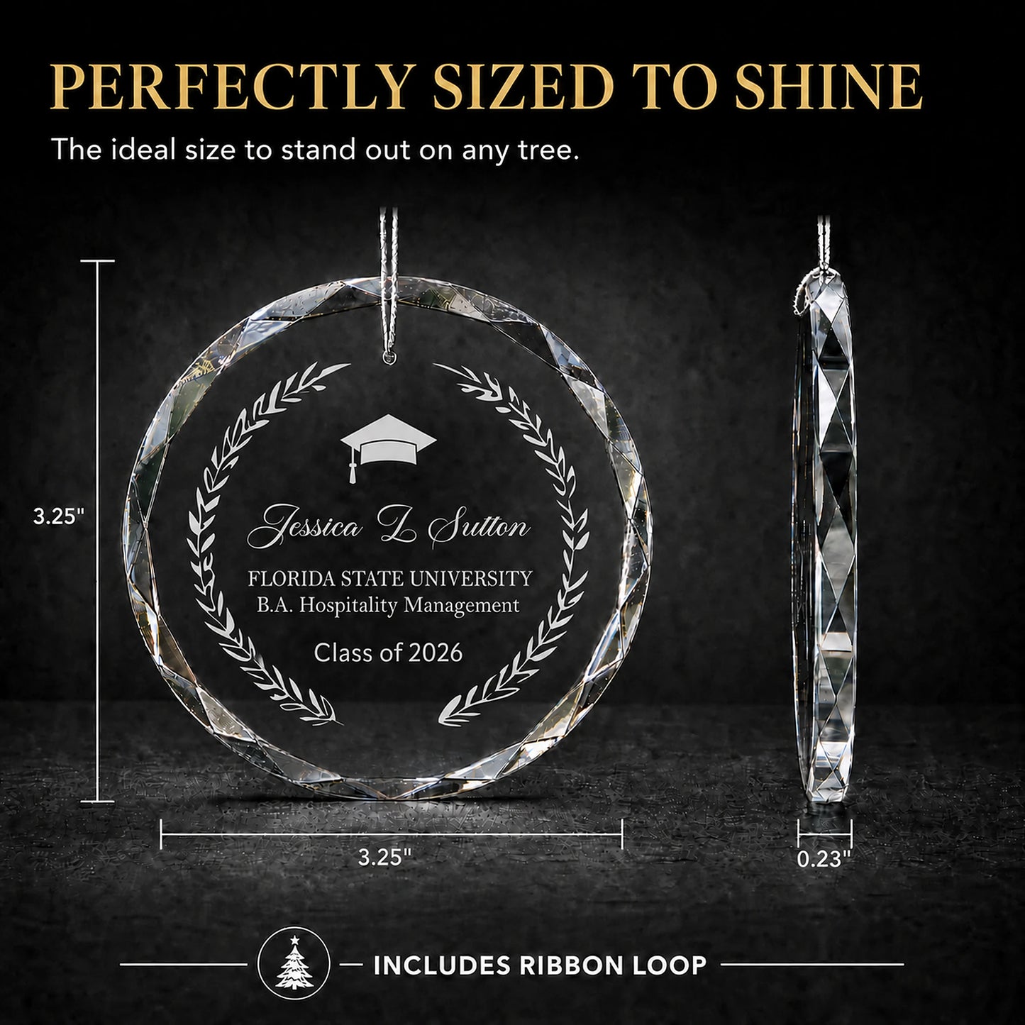 Size guide for the laurel wreath personalized graduation glass ornament, 3.25 inches tall by 3.25 inches wide and 0.23 inches thick