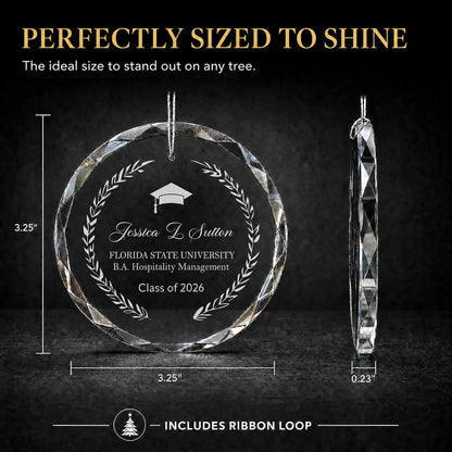 Size guide for the laurel wreath personalized graduation glass ornament, 3.25 inches tall by 3.25 inches wide and 0.23 inches thick