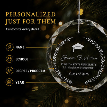 Personalization options on the laurel wreath graduation glass ornament, custom name, school, degree or program and class year laser engraved beneath the graduation cap