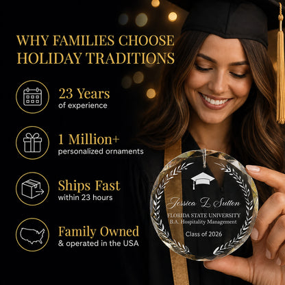 Graduate in cap and gown holding her laurel wreath personalized glass ornament, Holiday Traditions is family owned in the USA and ships within 23 hours