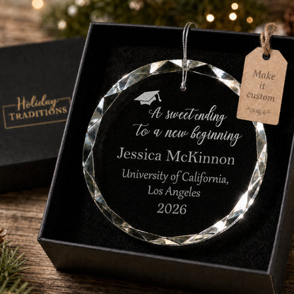 Sweet Ending graduation personalized glass ornament, laser engraved with A sweet ending to a new beginning, name, school and year, shown in its black gift box