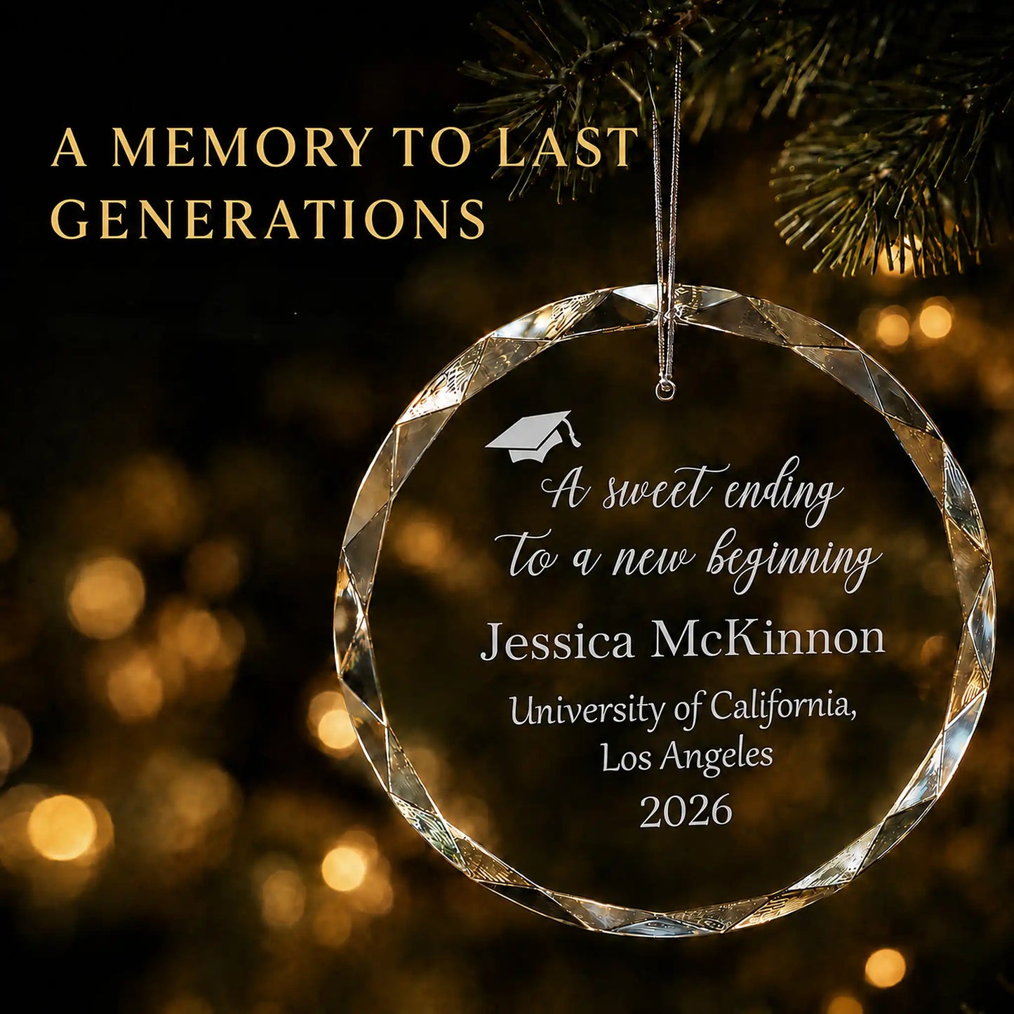 Personalized graduation Christmas ornament in K9 optical glass hanging on a lit tree, engraved with A sweet ending to a new beginning and the graduate's name, school and year