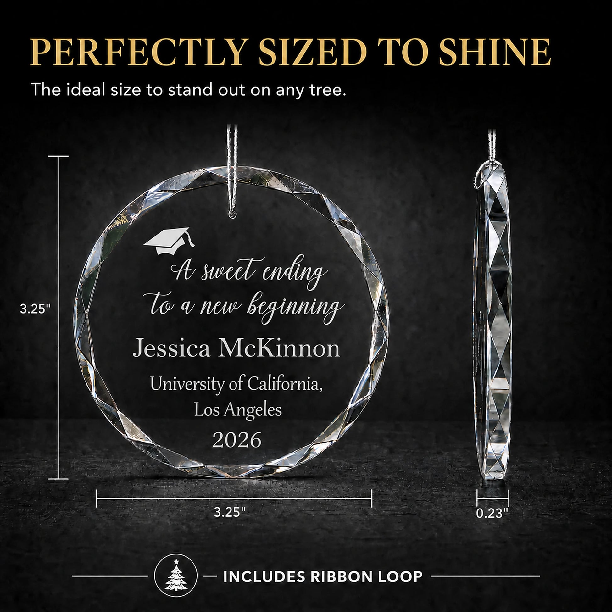 Size guide for the Sweet Ending personalized graduation glass ornament, 3.25 inches tall by 3.25 inches wide and 0.23 inches thick