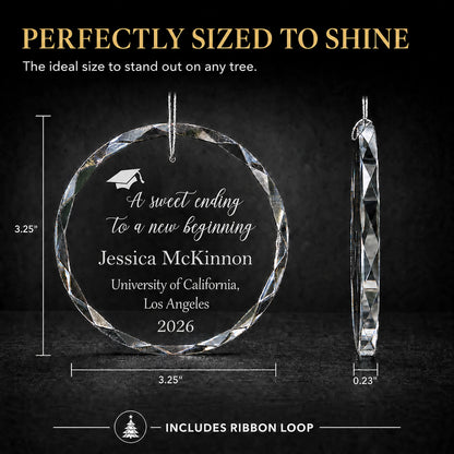 Size guide for the Sweet Ending personalized graduation glass ornament, 3.25 inches tall by 3.25 inches wide and 0.23 inches thick