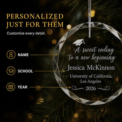 Personalization options on the Sweet Ending graduation glass ornament, custom name, school and class year laser engraved beneath the graduation cap and script design