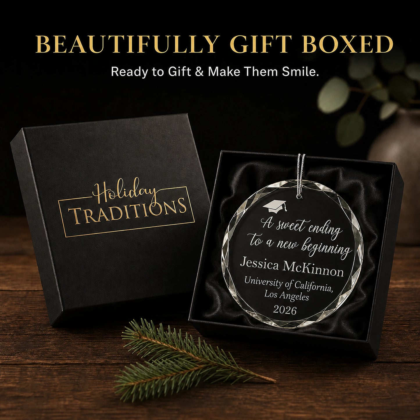 Sweet Ending personalized graduation glass ornament arrives in a black Holiday Traditions gift box, ready to give