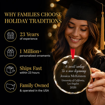 Graduate in cap and gown holding her Sweet Ending personalized glass ornament, Holiday Traditions is family owned in the USA and ships within 23 hours