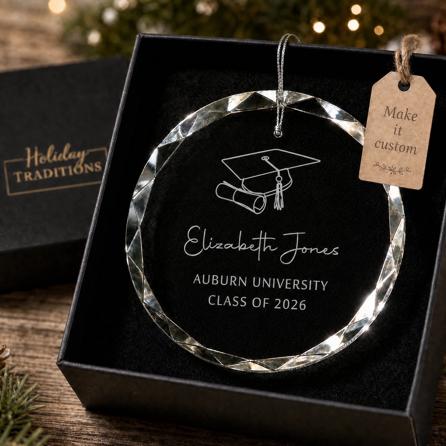 Graduation cap and diploma personalized glass ornament, laser engraved with name, school and class year, shown in its black gift box