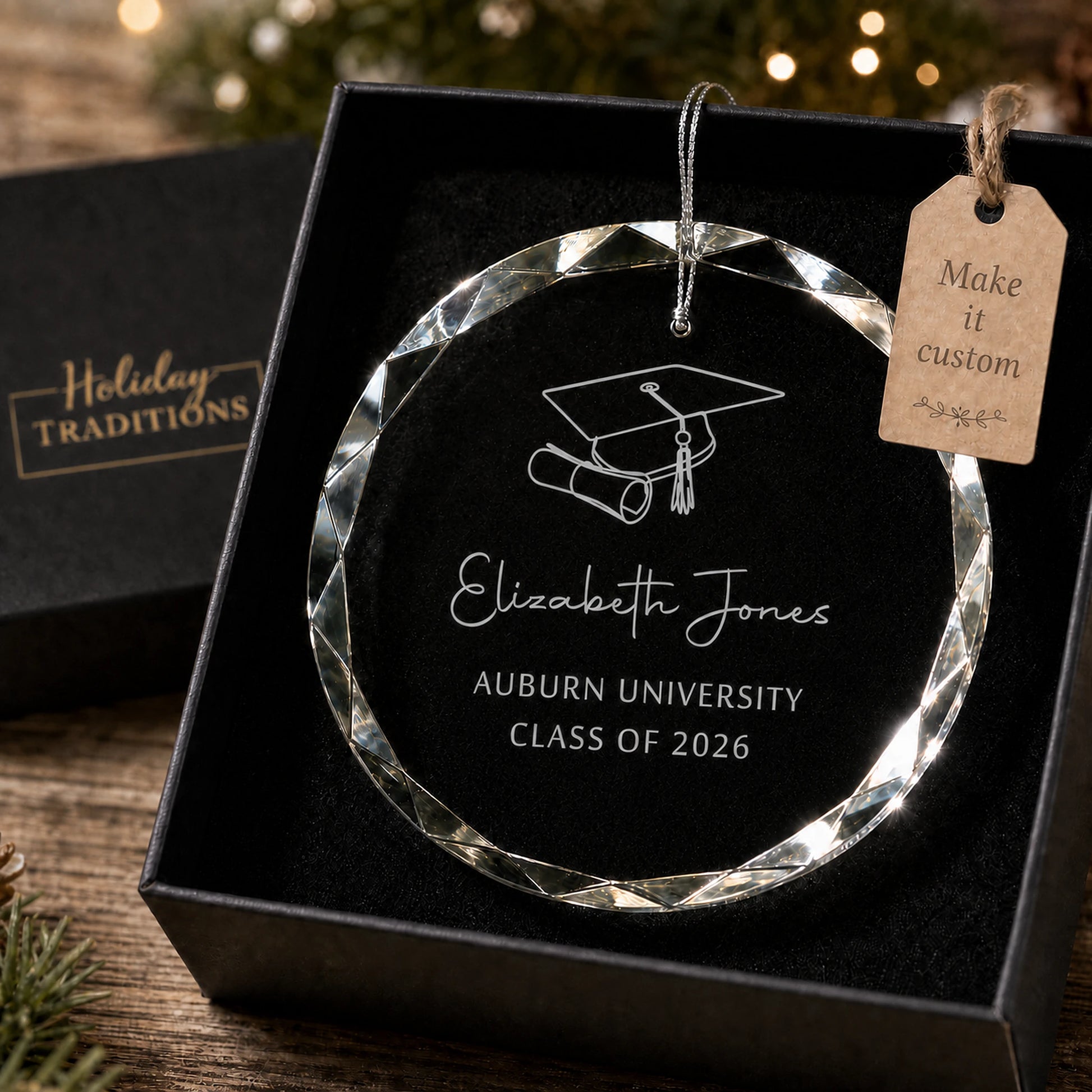 Graduation cap and diploma personalized glass ornament, laser engraved with name, school and class year, shown in its black gift box