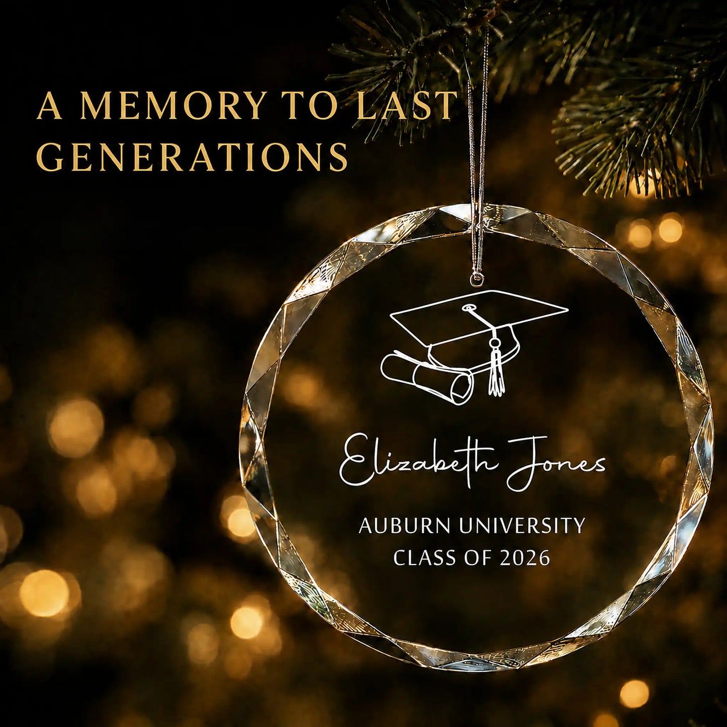 A personalized clear faceted glass graduation ornament hanging from a tree branch at night, with gold bokeh lights in the background. 
